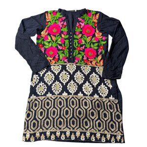 AGHA Noor Black Embroidered Kaftan Tunic Dress Medium